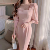 Korean chic spring French elegant square neck waist slim stitching chiffon micro-permeable puff sleeve dress female