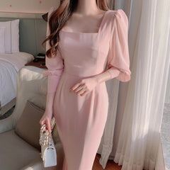 Korean chic spring French elegant square neck waist slim stitching chiffon micro-permeable puff sleeve dress female
