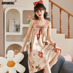 Fashion Chic Women Spaghetti Strap Cotton Nightgowns M-3XL Summer Camisoles Nightdress for Girls Kawaii Bow Decor Cute Dressing