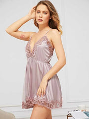 Sexy Ladies Nightdress Deep V Lace Sling Nightdress Women's Nightwear Cute Home Short Skirt
