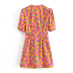 فستان قصير موضة 2021 للسيدات بنمط بوهو مطبوع عليه زهور فستان حفلات بأكمام قصيرة فساتين صيفية بطيات ورقبة على شكل V