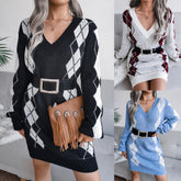 Women's Knit Dress Long Sleeve V Neck Y Bodycon Dress Women's Slim Party Mini Dress