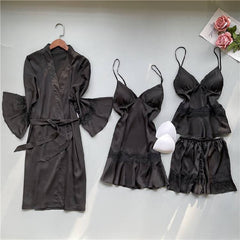 Summer Pajamas Women Chest Pad Nightgown Strap Silk Nightdress 4 Pcs Set Tops Long Sleeve Pijama Mujer Lingerie