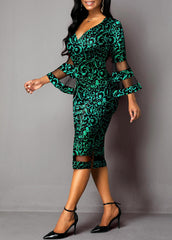 Ladies Printed Trumpet Sleeve Dress V-neck Elegant Mesh Stitching Package Hip Skirt