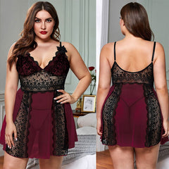 CyiExi Plus Size Sexy Lace Sleepwear Night Dress Women Out V-neck Sleeveless Dress + Thong Female Nightwear Nightgown Set