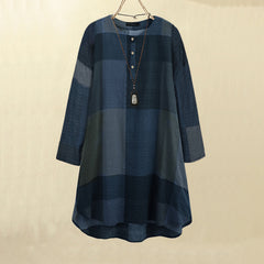 ZANZEA ladies Japanese and Korean literary style temperament dark plaid print style ladies short skirt round neck long sleeve simple mid-length skirt fashion trend loose spring and summer daily leisure vacation style mid-length plaid dress large size