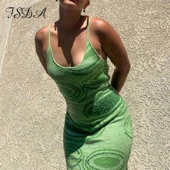 FSDA 2021 Print Knit Bodycon Dress Women Green Y2K Summer Hollow Out Sleeveless Spaghetti Strap Beach Midi Dresses Party