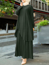 ZANZEA Ms. Muslim Arabian style temperament solid color simple pleated design round neck long-sleeved top wide-leg pants trousers bottoms fashion loose casual top pants suit without headscarf large size