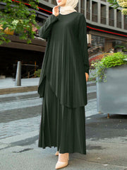 ZANZEA Ms. مسلم النمط العربي مزاجه لون الصلبة تصميم بسيط مطوي الرقبة المستديرة بأكمام طويلة أعلى السراويل واسعة الساق السراويل قيعان أزياء فضفاضة عارضة السراويل أعلى دعوى دون الحجاب حجم كبير