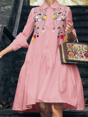 ZANZEA ladies European and American style temperament simple flower embroidered shirt skirt lapel long sleeve knee-length skirt fashion trend elegant loose spring and summer daily casual bohemian vacation style long A-line dress in large size