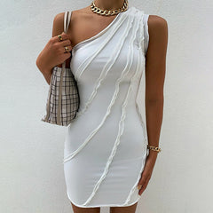 Elegant One Shoulder Women's Mini Dress Bodycon Club Party Sleeveless Summer White Dresses Slim Clothes