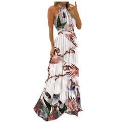 Women's Boho Summer New Halter Neck Sleeveless Backless Flower Print Loose Pleated Party Dress