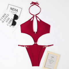 New one-piece multi-color hollow bikini sexy pearl chain halter neck halter swimsuit