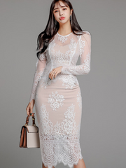 Club Outfits Elegant Women Retro White Sexy Sheer Lace O-Neck Tops Shirt Blouse High Waist Midi Skirt Bodycon Slim 2 Pieces Sets