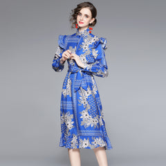 High-end elegant temperament printed long-sleeved dress female fashion ladies lace-up dress