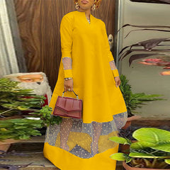 فستان VONDA نسائي أوروبي وأمريكي أسود كبير الحجم بلون موحد، مزاج أنيق، نمط العطلة، خياطة شبكية، رقبة على شكل حرف V، تنورة فضفاضة بأكمام طويلة على شكل حرف A، تنورة كبيرة الخط، أزياء الربيع والصيف اليومية، تنورة طويلة تناسب الجميع