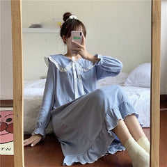 Long-sleeved nightdress over the knee wind pajamas female spring and autumn court doll collar Korean style home service