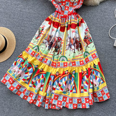 European and American temperament street shooting holiday wind printing mid-length dress retro court style temperament waist waist big skirt