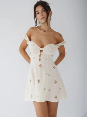 Square Collar Black Mini Dresses 2022 Summer Sexy High Waist Short Sleeve Beachwear Bodycon Hollow Out Sundress Female