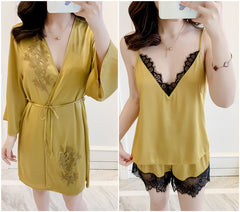 Women's ice silk halter top, shorts, nightgown, three-piece home suit, lace, beautiful silk back nightgown