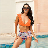 ملابس سباحة بيكيني جديدة مثيرة برقبة على شكل حرف V من الدانتيل لوتس مقاس كبير ملابس سباحة نسائية منقسمة