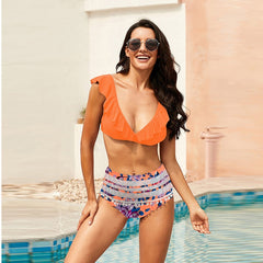 New bikini swimwear sexy V-neck lotus lace large size split swimsuit women