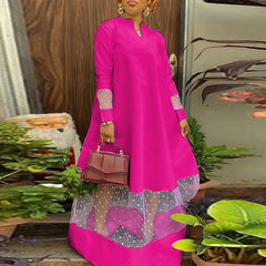 فستان VONDA نسائي أوروبي وأمريكي أسود كبير الحجم بلون موحد، مزاج أنيق، نمط العطلة، خياطة شبكية، رقبة على شكل حرف V، تنورة فضفاضة بأكمام طويلة على شكل حرف A، تنورة كبيرة الخط، أزياء الربيع والصيف اليومية، تنورة طويلة تناسب الجميع