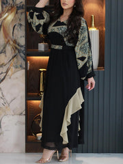 Black and white color block print fringed dress