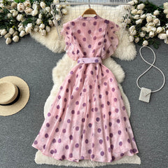 Temperament and elegant polka dot lotus leaf sleeve A-line dress chiffon skirt
