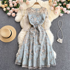 Court style heavy industry embroidery mesh dress skirt ladies elegant temperament women's dress