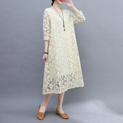 2023 spring and summer new fashion temperament elegant literary lace loose all-match thin long-sleeved hollow dress for women