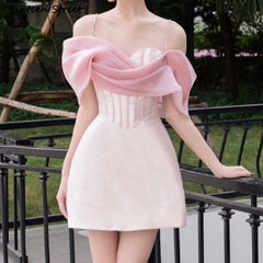 Vintage Pink Dress Women Diamond Strapped Spaghetti Elegant Mini Dress Bodycon Sleeveless High Waisted Women's Clothing Ruffles