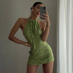 Cryptographic Halter Backless Mini Dresses Bodycon Skinny Club Party Sleeveless Knitted Dress Fall Streetwear Beach Holiday