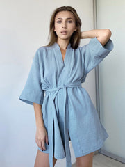 Crepe Cotton Robes Women's Pajamas Mini Bathrobe Lace Up Pajamas Muslin Women's Loungewear Solid Color Robes Women's Pajamas