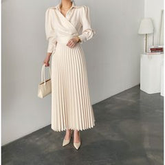 Elegant fashion women's puff sleeve pleated long skirt lapel spring and autumn office Ladeis dress black