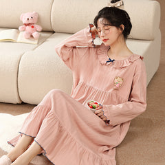 Nightdress women's spring and autumn cotton round neck long-sleeved long section over the knee large size 200 catties fat sister pajamas ca