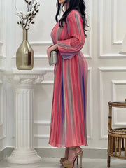 Colorful Pleated Elastic Waist Tie Dress