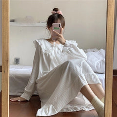 Long-sleeved nightdress over the knee wind pajamas female spring and autumn court doll collar Korean style home service