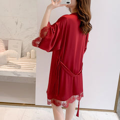 Spring and Autumn Lady Lace Lace silk robe over a version of the wedding wedding dressing gown bathing robe