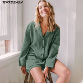 Cotton Sleepwear Women Pajama Turn Down Collar Suits With Shorts Long Sleeve Pajamas For Sleep Nightgowns Casual Nightwear