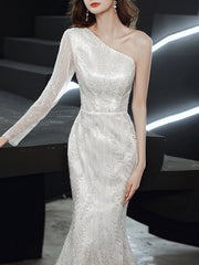 Ladies long one-shoulder fishtail slim slimming party dress LX411