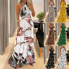 Women's Boho Summer New Halter Neck Sleeveless Backless Flower Print Loose Pleated Party Dress