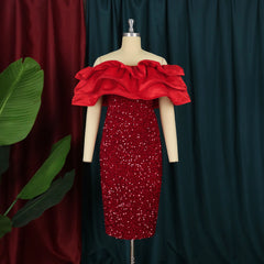 Elegant Women Sequin Red Dress Velvet Off Shoulder Chest Wrap Rufles Glitter Dresses Bodycon Party Celebrity Birthday Gowns 4XL