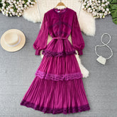 Light and familiar style retro long-sleeved round neck lace splicing waist and thin A-line pleated dress elegant big long skirt