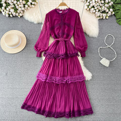 Light and familiar style retro long-sleeved round neck lace splicing waist and thin A-line pleated dress elegant big long skirt