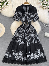 High-end light luxury temperament short-sleeved V-neck waist slimming lace stitching printed A-line dress elegant long skirt