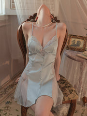 Sexy ice silk women's pajamas summer -grade satin home clothes suspenders lace see-through pajamas sexy style 6167