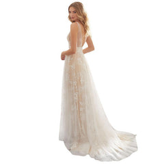 فستان زفاف جديد للتجارة الخارجية الأوروبية والأمريكية لعام 2023 يرغب في فستان زفاف دانتيل مثير برقبة على شكل حرف V بدون أكمام من أمازون