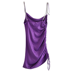 Women Sexy Spaghetti Strap Mini Dress Fashion Solid Color Side Pleat Drawstring Slim Dress Female Elegant Party Dress