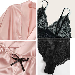 Women's Pajamas 4pcs Floral Lace Satin Pajama Set Nightgown Sexy Silk Pajamas Nightgown Set Casual Homewear Pajamas